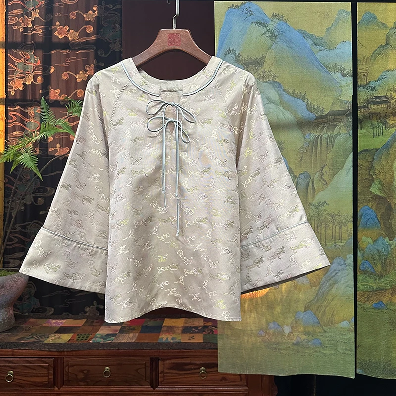 【庆云】复古新中式桑蚕丝纯双面罗手工国风民国风提花长袖上衣