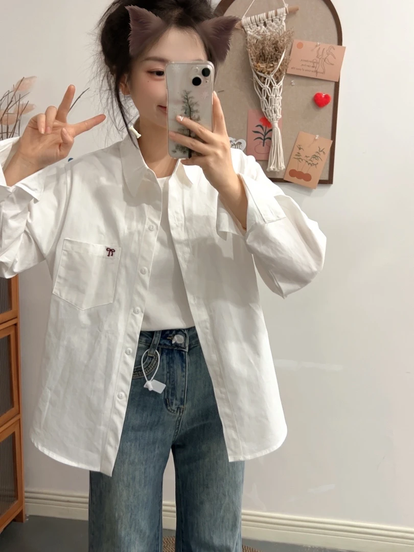 小个子春季简约百搭小蝴蝶结白衬衫