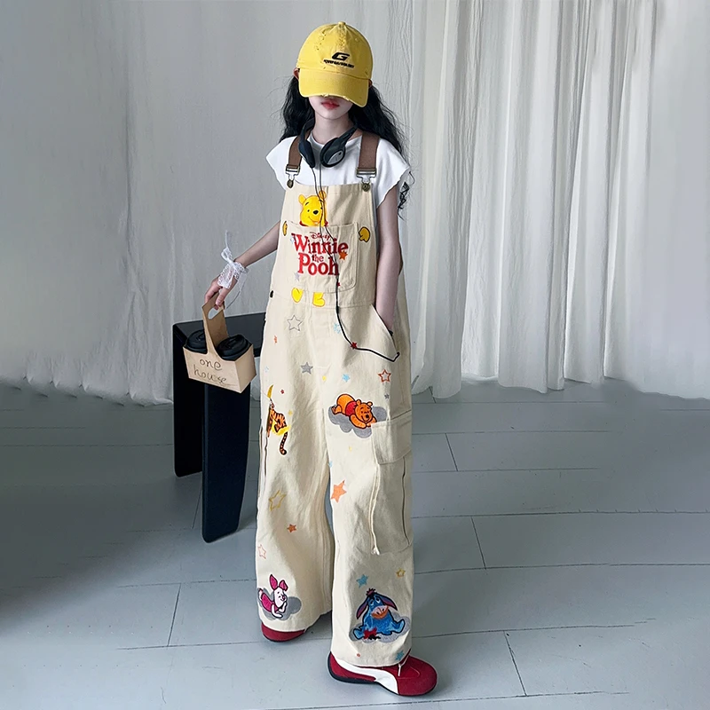 女童2025春秋美式杏色卡通工装背带裤新款宽松阔腿休闲裤子时尚潮