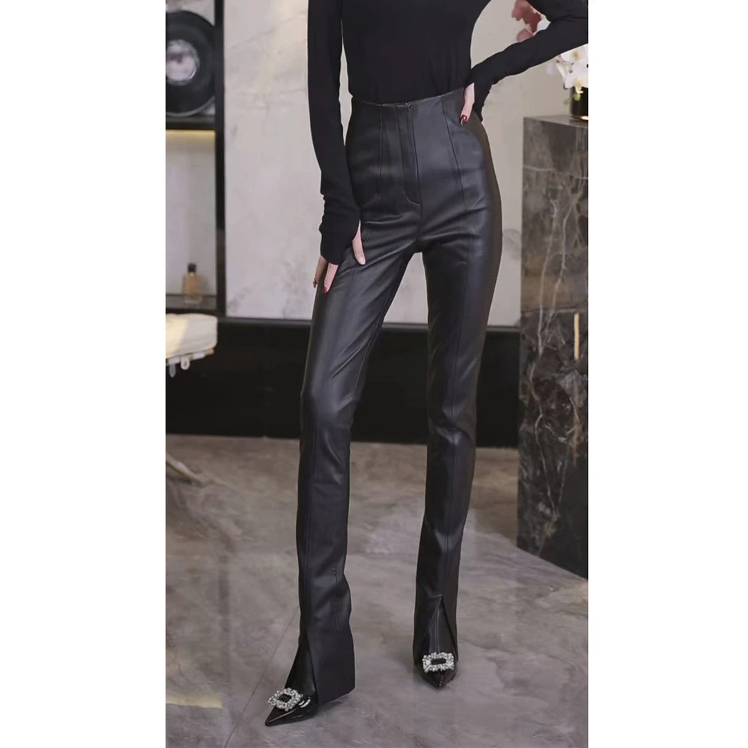 【唐一可专属】秋冬时尚弹力加绒开叉微喇裤5865