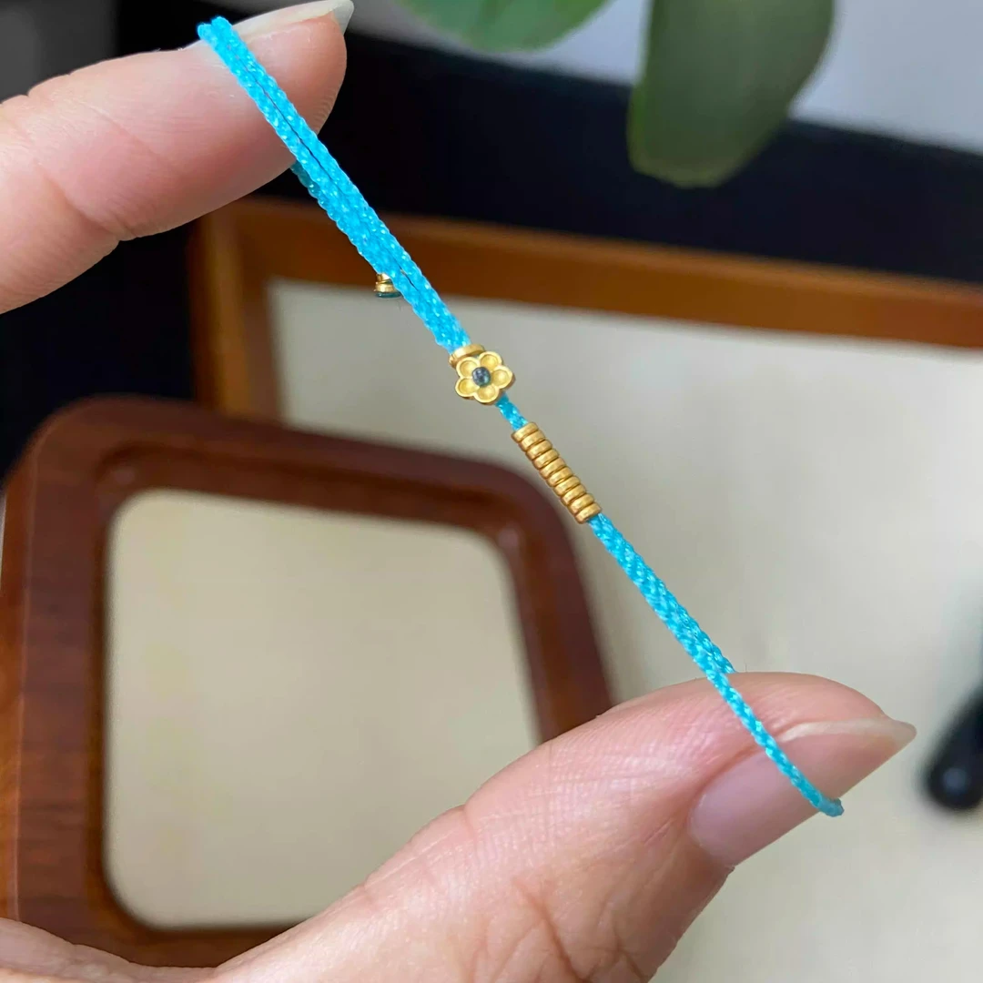 铜合金布艺手链 金色坨坨编绳手链女福字尾扣海盐蓝手链夏日新款