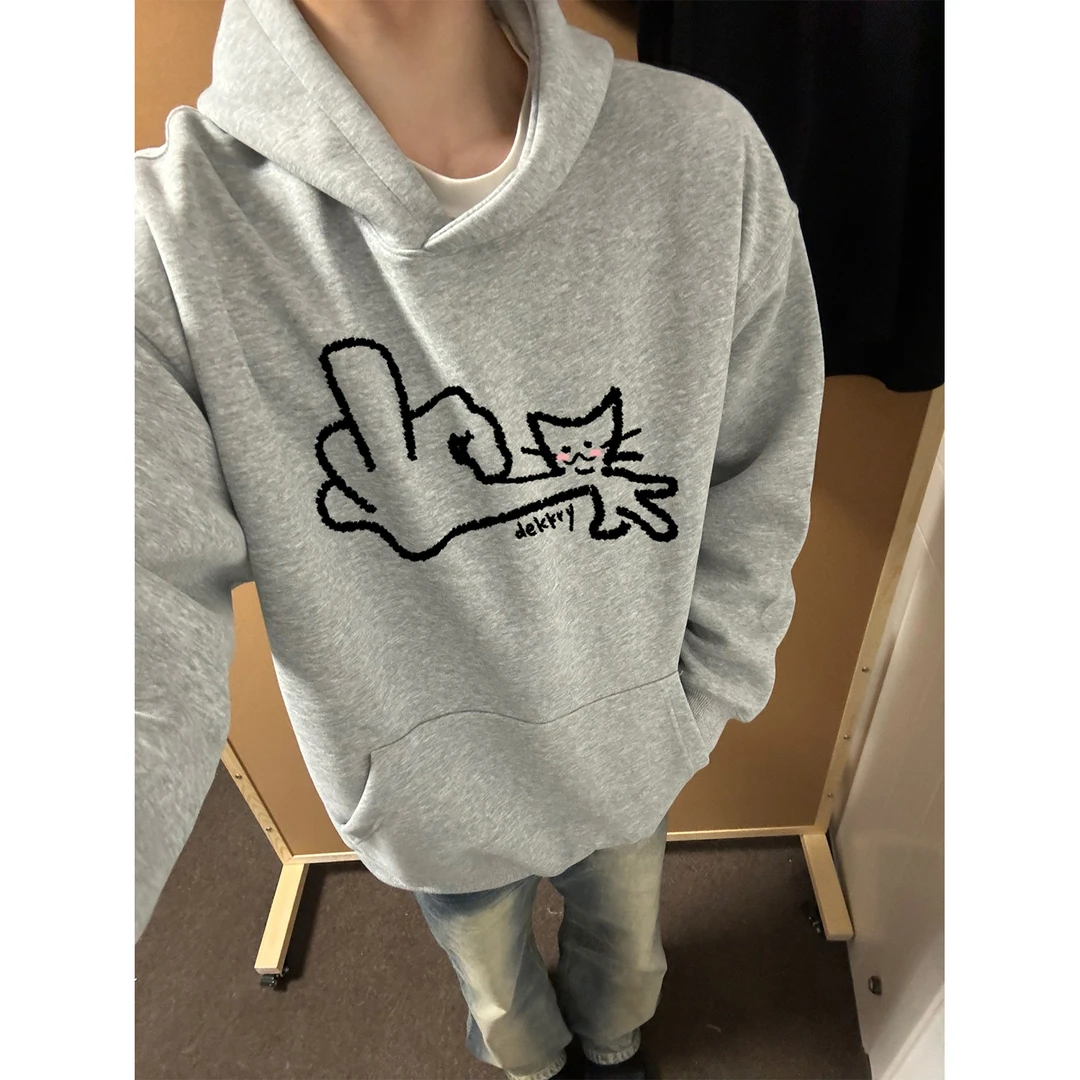 美式趣味涂鸦小猫印花连帽卫衣男女秋冬季百搭休闲宽松情侣款上衣