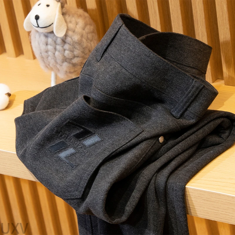 轻奢冬季厚款保暖磨毛呢绒料裤子男士修身小直筒商务灰色休闲裤男