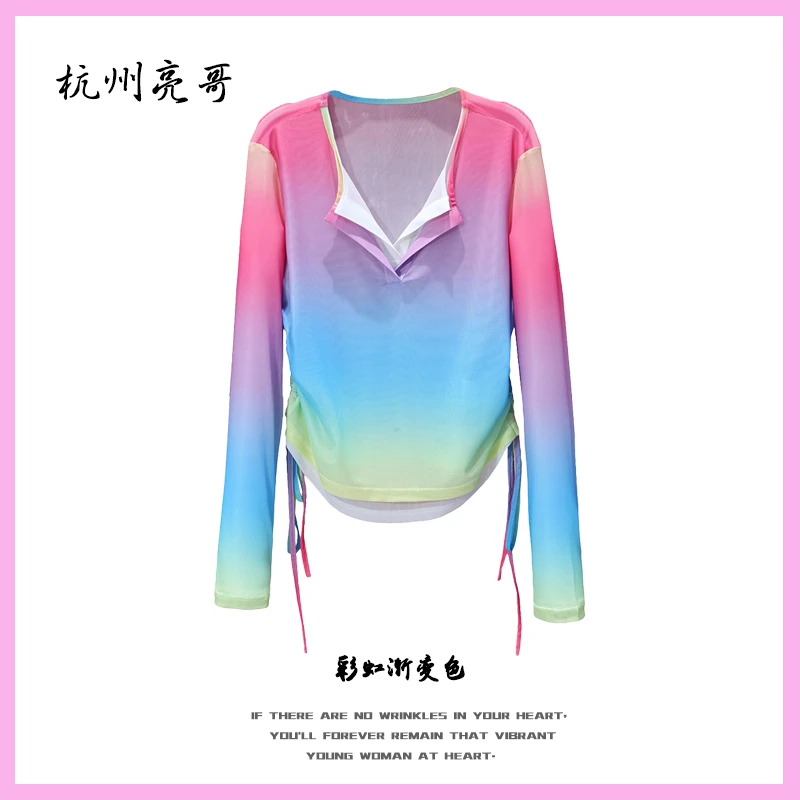 【亮哥女装】2025欧版《层次感》收腰彩虹扎染高弹网纱上衣3612-K7