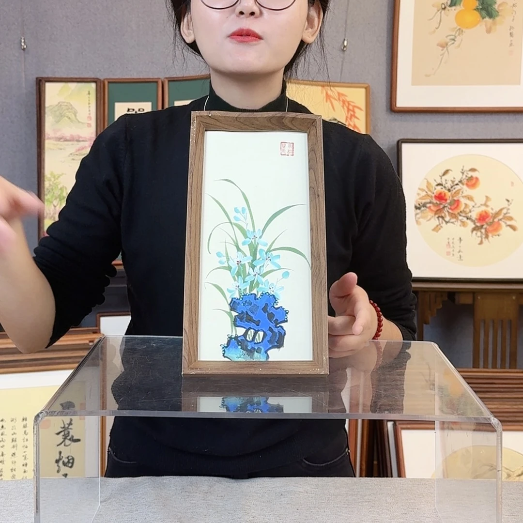 国画纯手绘，纯手写带框尺寸：16×29厘米