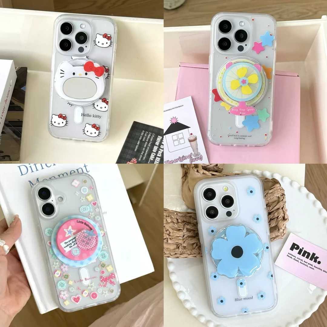 可爱卡通kitty磁吸支架半透防摔iphone13-16系列手机壳小众ins