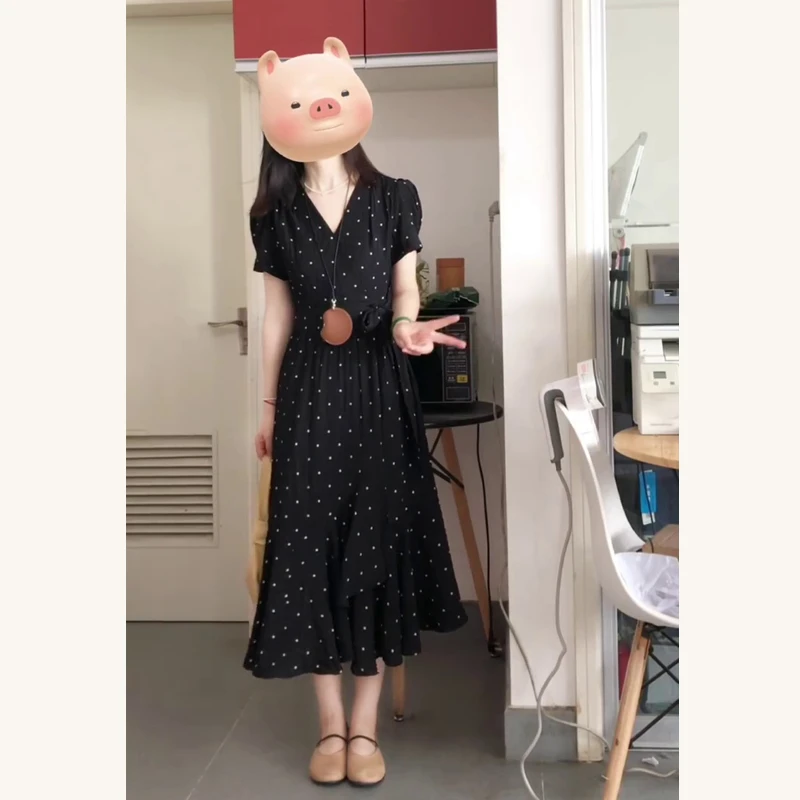 夏季时尚法式波点赫本风连衣裙大码气质收腰显瘦长款裙子小黑裙