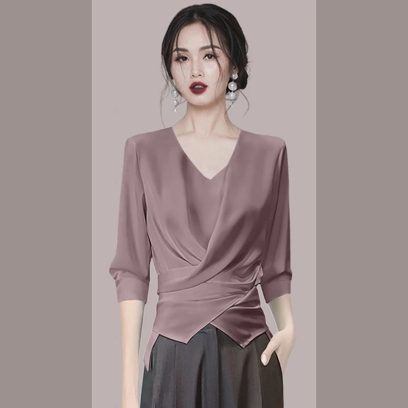 夏季V领褶皱衬衫女设计感小众2025新款别致气质短款上衣