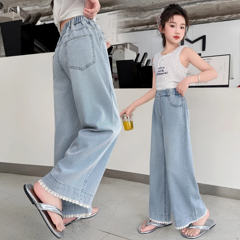 女童夏季裤子2025新款中大童时尚牛仔阔腿裤儿童夏天薄款花边裤子