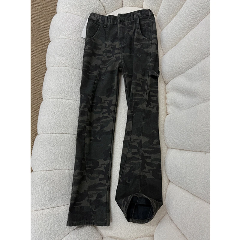 美式复古斜切迷彩牛仔裤男秋冬加绒加厚直筒修身vibe伐木工装裤子
