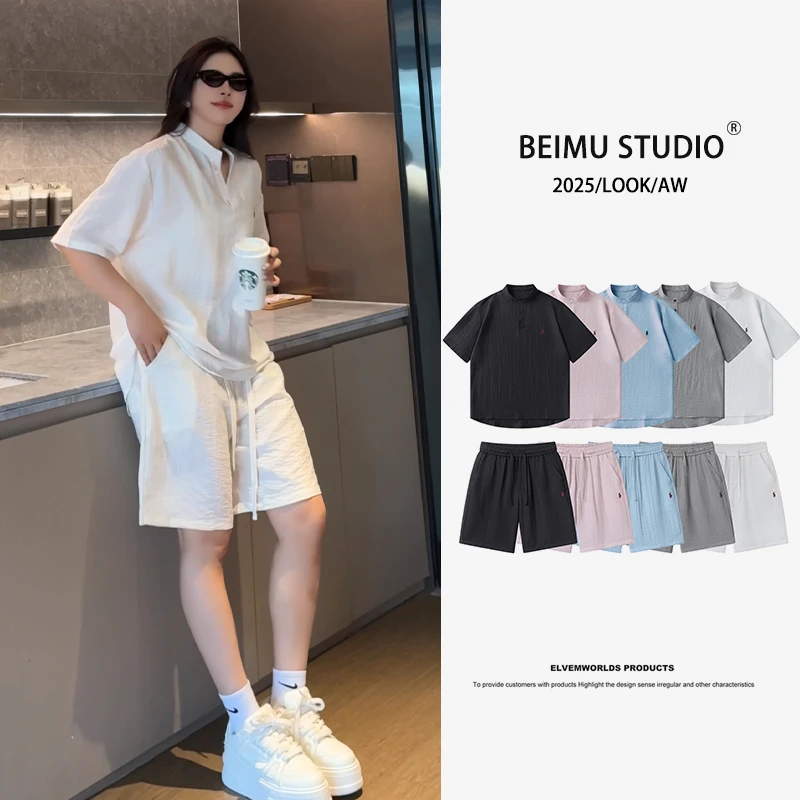 男女同款夏季亚麻老钱风休闲宽松短袖短裤松弛感时尚休闲套装G585