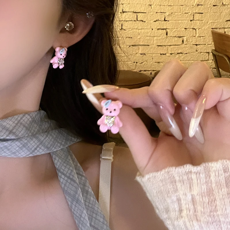 铜合金耳饰 甜酷辣妹粉色俏皮可爱Y2K小熊耳环少女耳钉