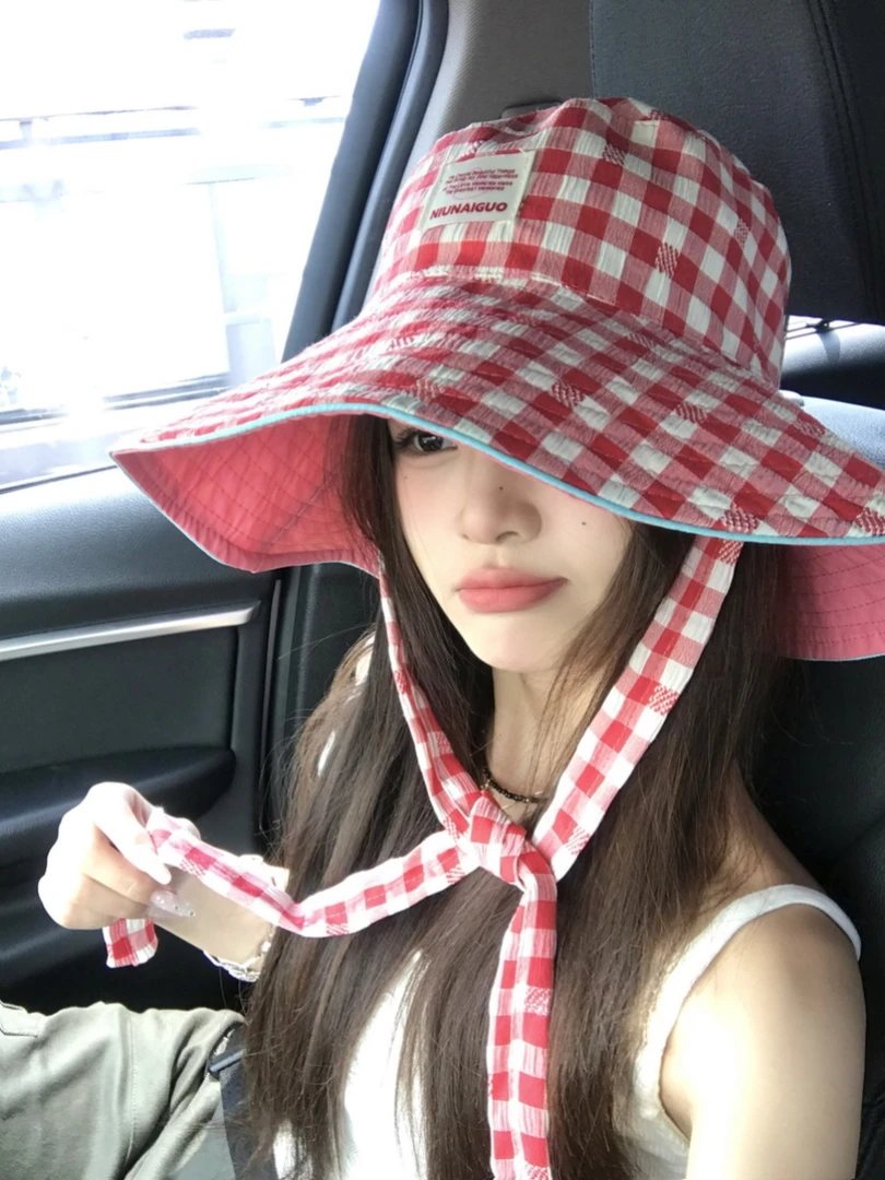 Double11 双面戴夏季户外出游格子渔夫帽女大帽檐可折叠遮阳盆帽