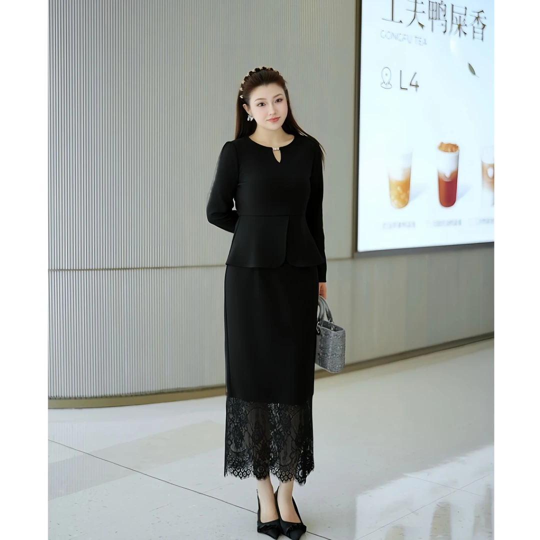 XYD71737/XYD71738优雅圆领女人味气质高级蕾丝套装收腰大码女装