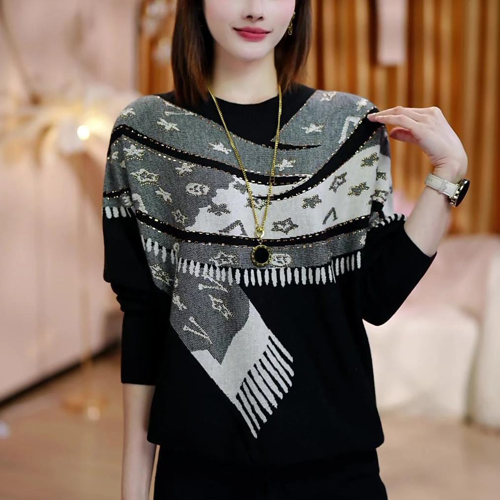 高端民族风宽松遮肉显瘦打底女士毛衣时尚百搭中年妈妈圆领针织衫