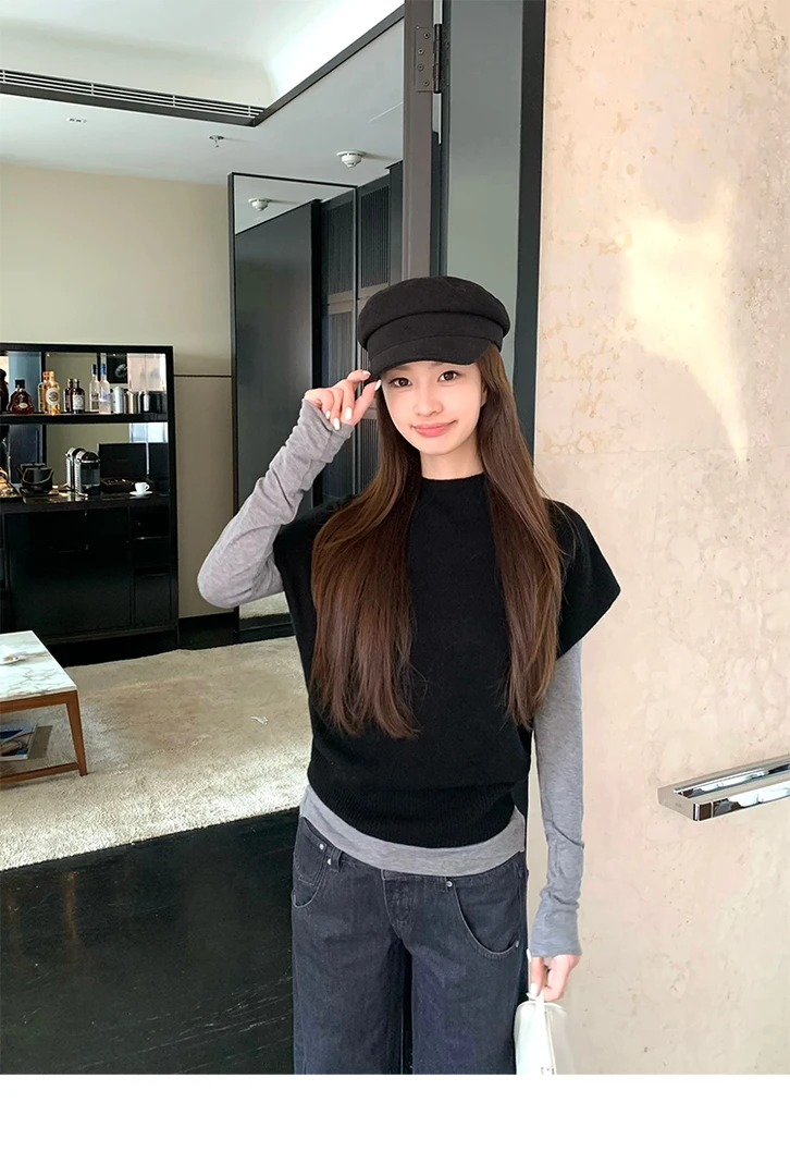 SLA STUDIO 半高领叠穿马甲女秋季新款时尚宽松无袖外穿针织毛衣