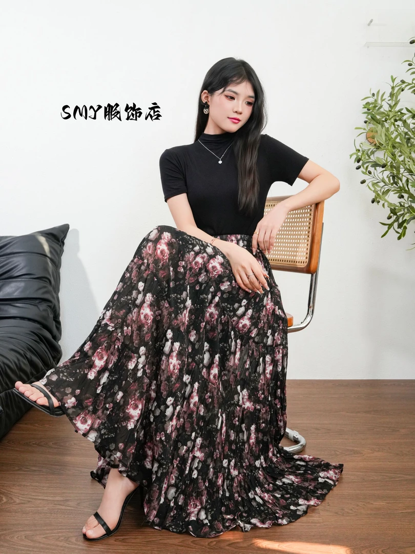 春夏气质时尚6米大裙摆碎花半身裙显瘦遮胯复古高腰长裙a字百搭