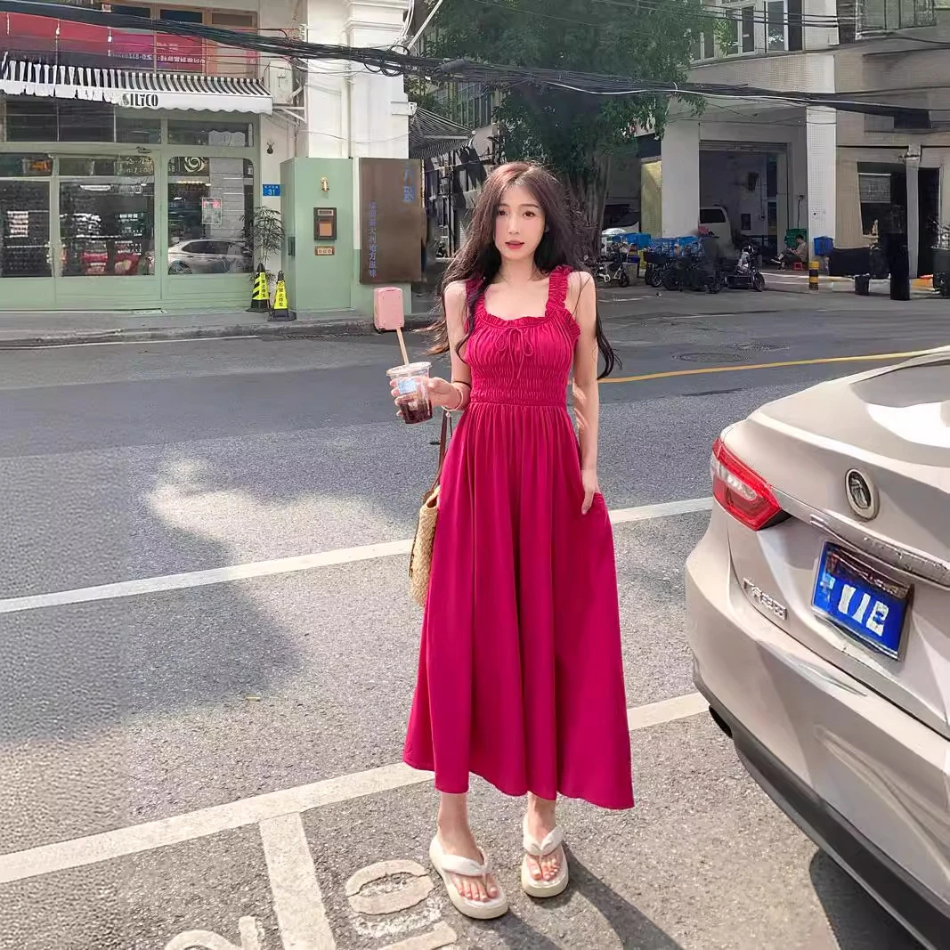 大码女装法式吊带性感显瘦遮肚长裙胖连衣玫红复古文艺高腰字