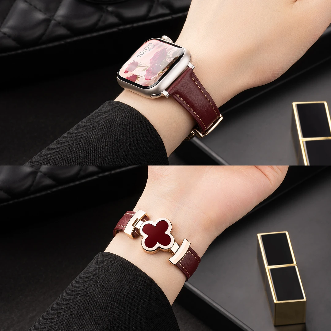 适用iwatch11苹果手表S10手表applewatch9/8/7四叶草真皮表带秋冬