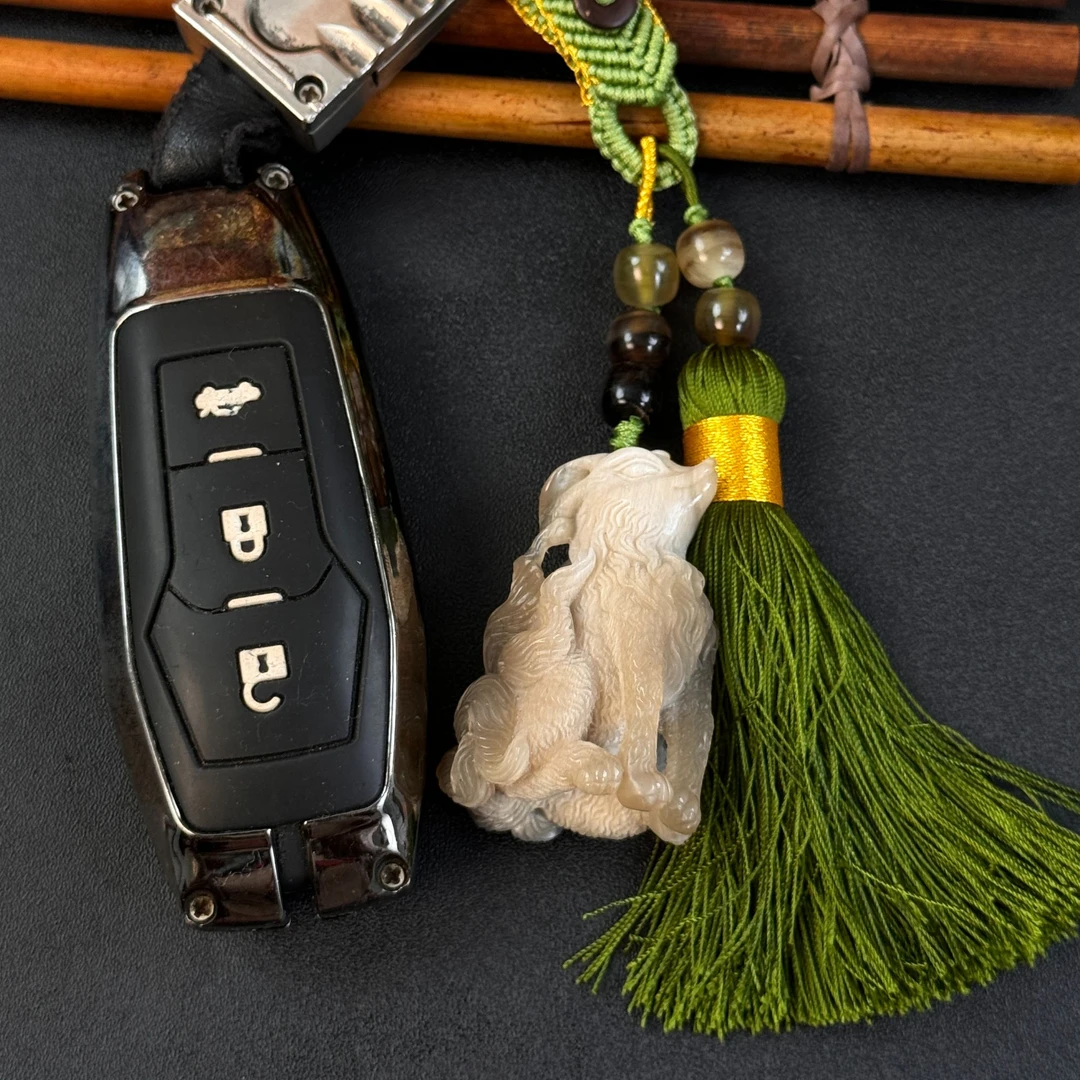 天然角制品纯手工雕刻手工编制钥匙挂