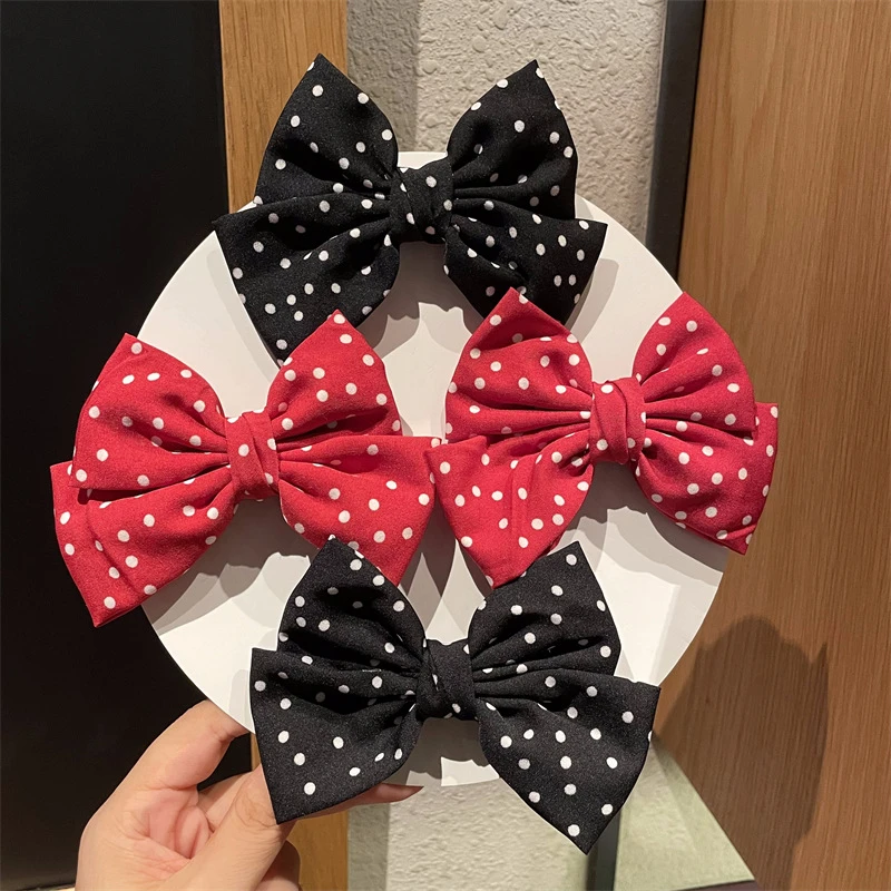 红黑色波点蝴蝶结鸭嘴夹头饰日系学院风可爱发饰女后脑勺发夹发卡