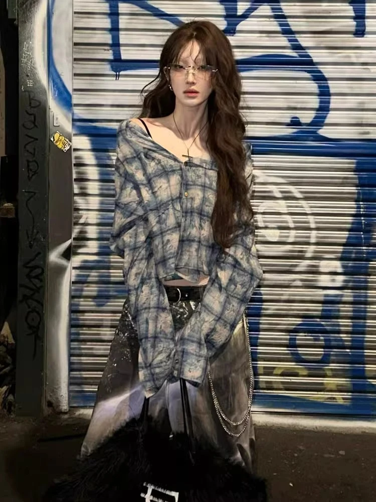 美式复古蓝色格纹短款衬衫女2025春季新款小众设计高级感衬衣外套