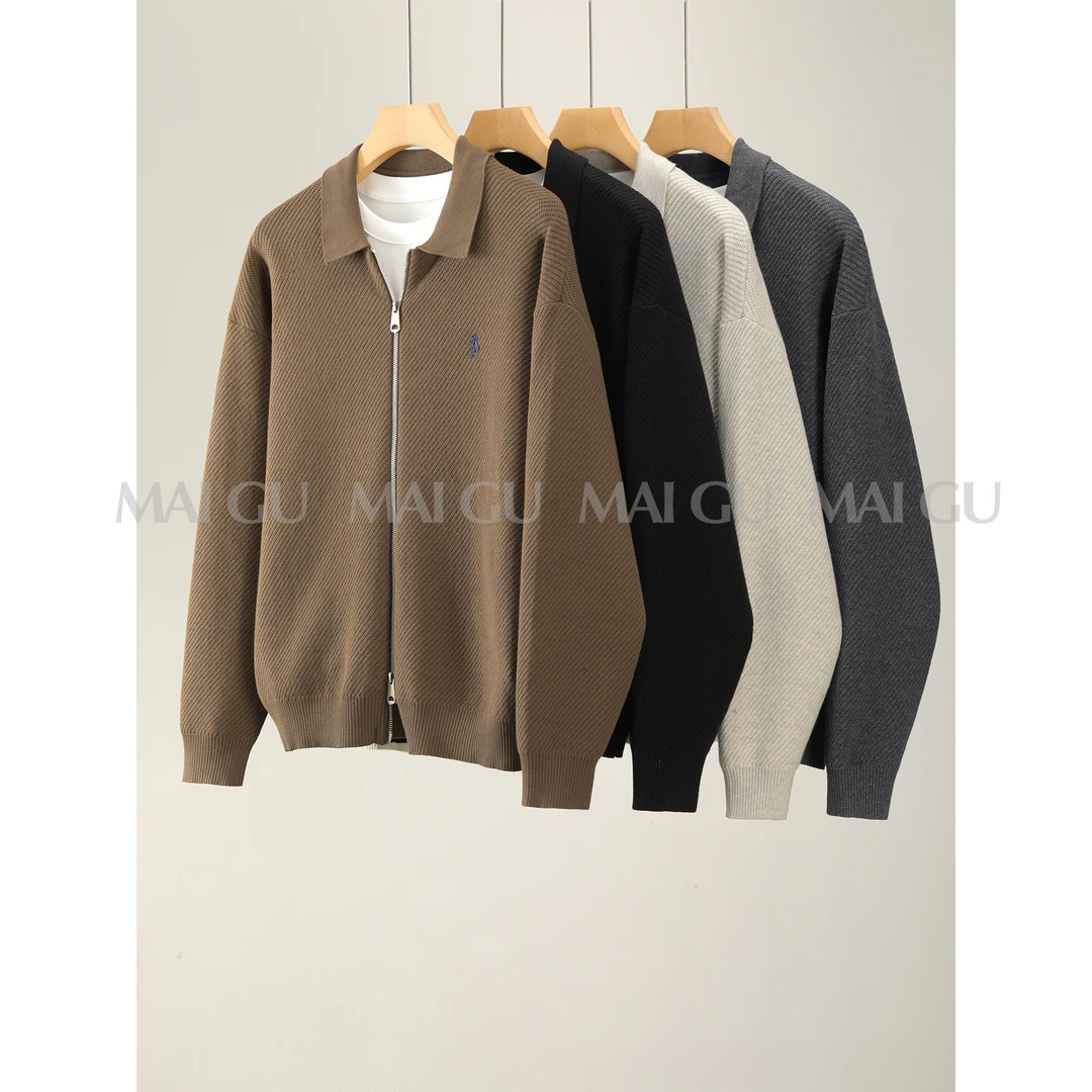 【MAIGU】【棉质编织纹理感】秋季男士高定刺绣针织衫高级感翻领外套