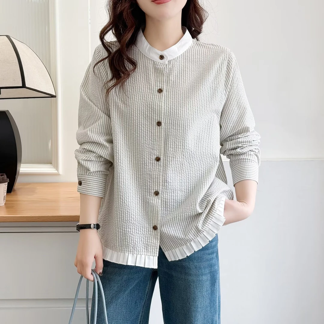 全棉春季气质显瘦竖条纹宽松微胖mm立领大码女装长袖叠穿衬衫衬衣