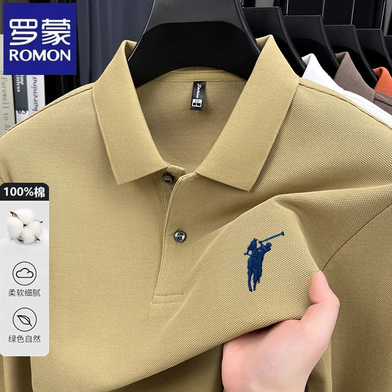 【100%棉】罗蒙纯色马标商务长袖Polo衫春秋季中年男士翻领t恤上衣