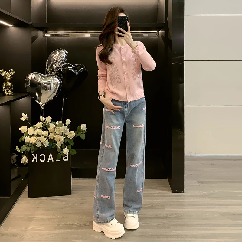 粉色重工刺绣针织衫女2025春秋新款时尚洋气减龄宽松显瘦开衫上衣