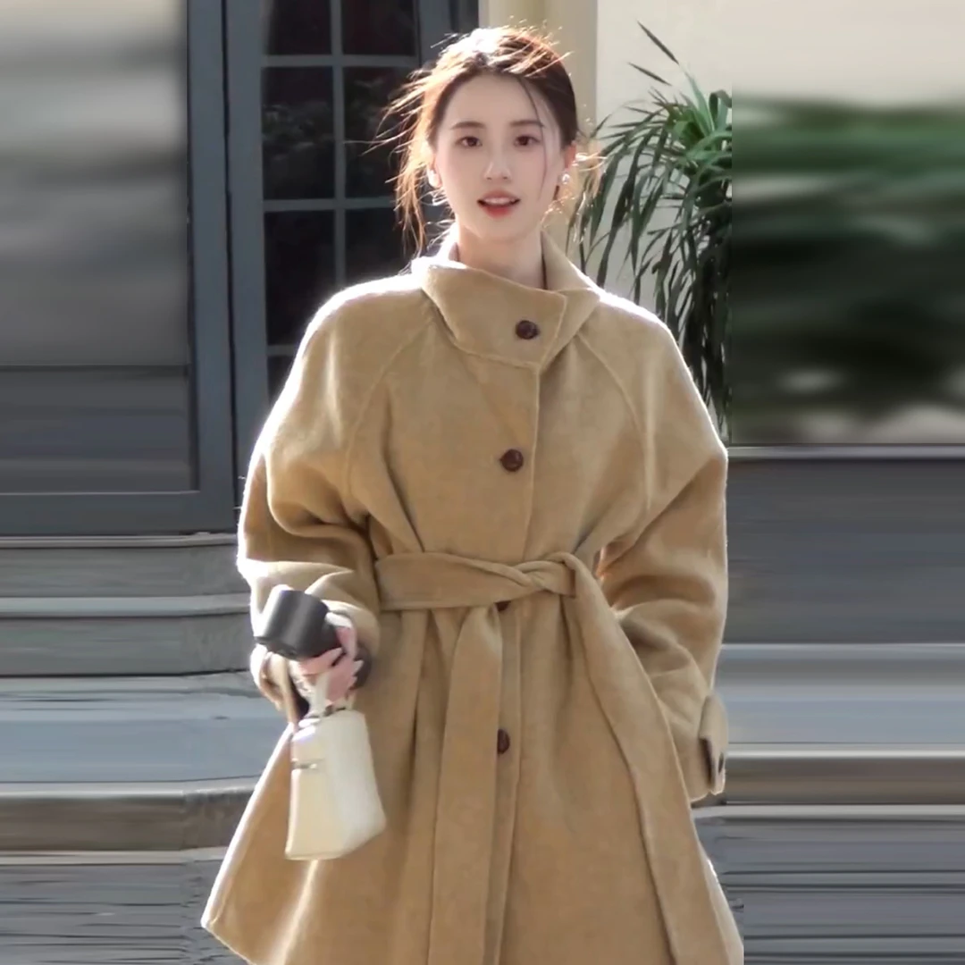 韩系高级感卡其色毛呢厚外套女秋冬季2026新款巨好看收腰呢子大衣
