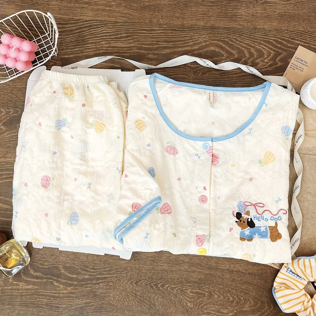 夏季短袖长裤微胖女生大码女生胖mm200斤睡衣女套装甜美家居服