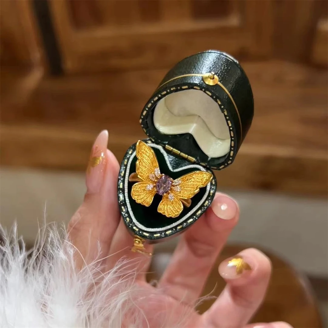 铜合金锆石戒指 紫金蝶梦幻蝴蝶戒指金色轻奢小众新中式高级感