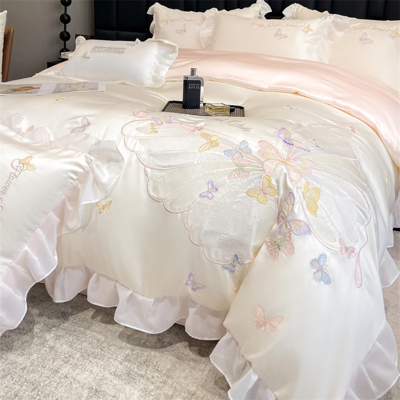 （正品）升级款.公主风绣花四件套 夏冰丝花边被罩贡缎凉感丝滑床品