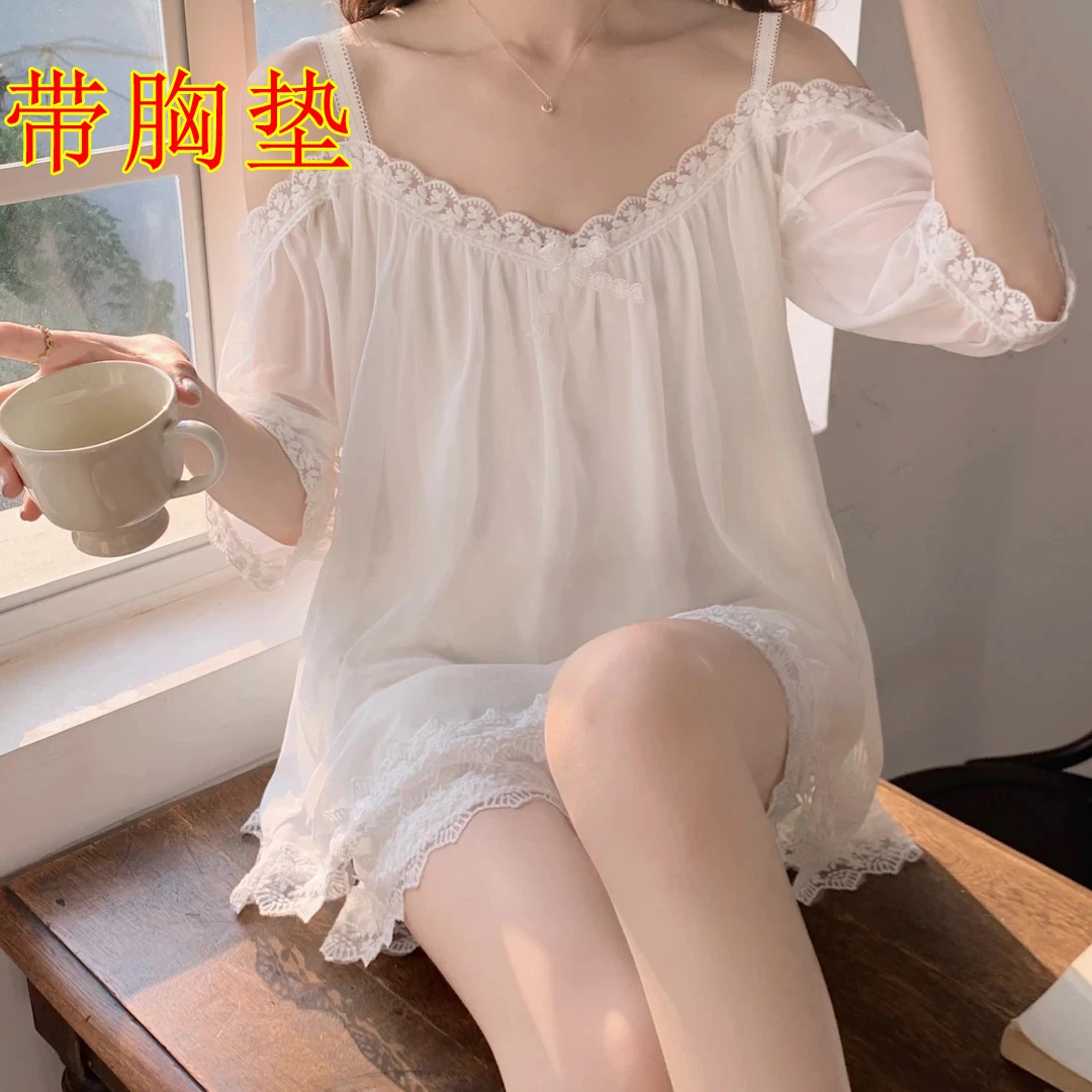 一字肩网纱睡衣套装胸垫家居服薄款大码女士纯欲公主风春夏宫廷风