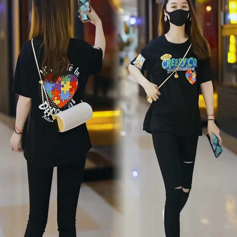 纯棉大码潮流时尚减龄显瘦T恤衫女舒适百搭外穿春夏韩版宽松T恤