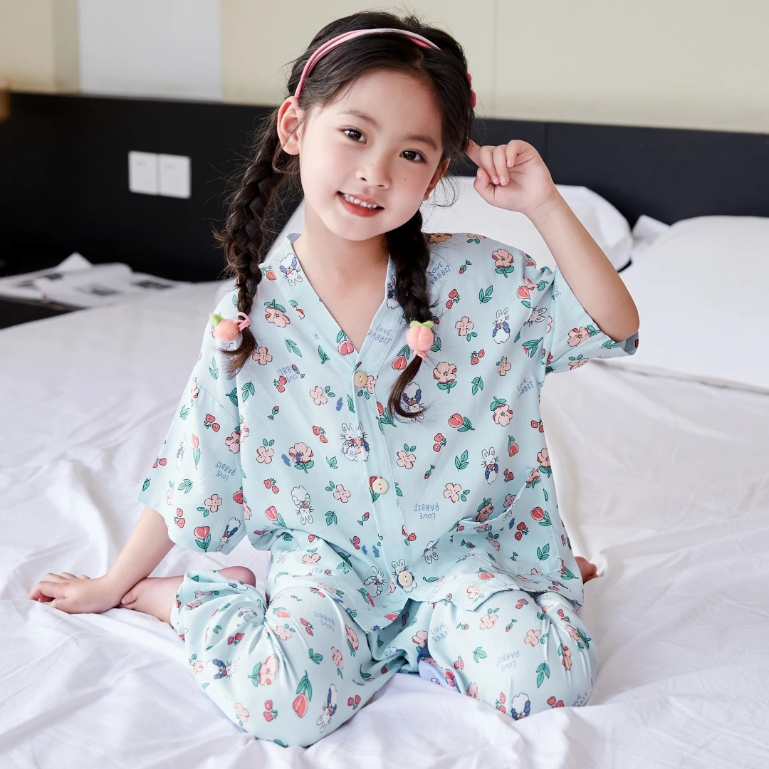 夏季棉绸儿童睡衣女童大中薄款短袖空调宝宝绵绸套装家居服宝宝