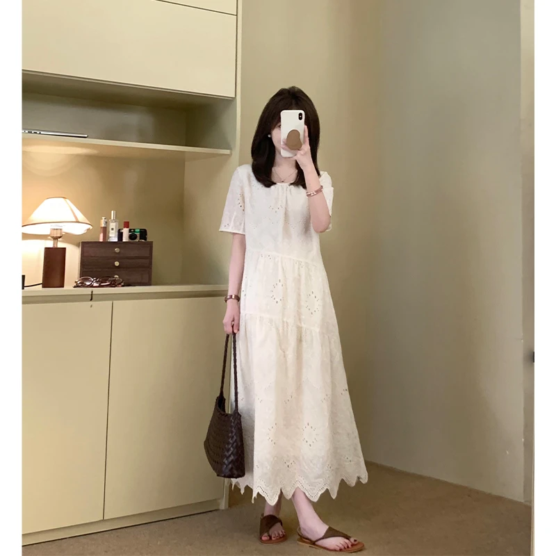 FUGUI RICH小个子刺绣连衣裙短袖拼接镂空设计感出游法式中长裙