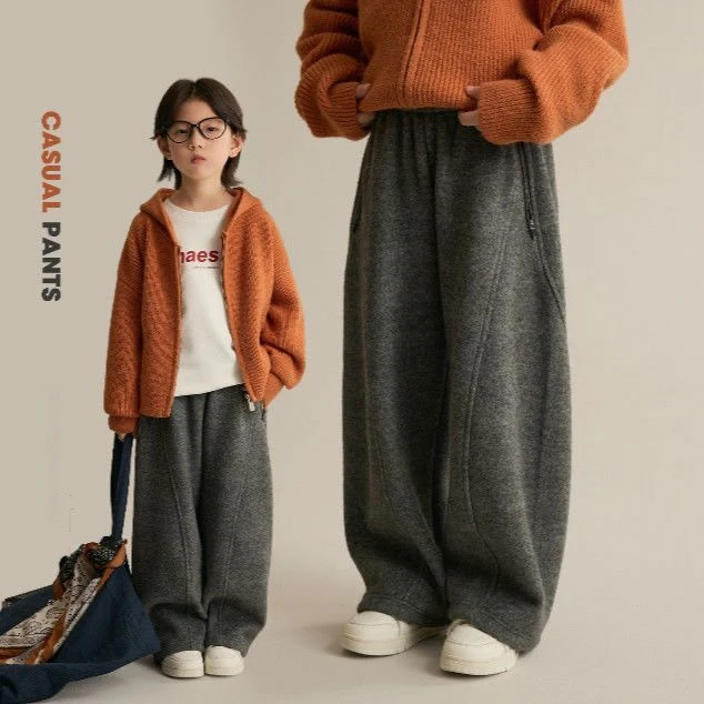 儿童加绒加厚阔腿裤显腿长两穿弯刀裤2025冬季新款男女童韩版长裤