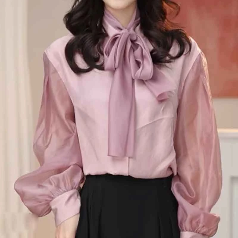 【商场同款】2025新款百搭气质品味舒适高质感醋酸浪漫飘带长袖衬衫