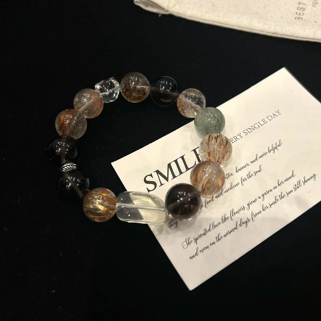 YIMI 天然水晶黑金超多宝手链x1425（13毫米）