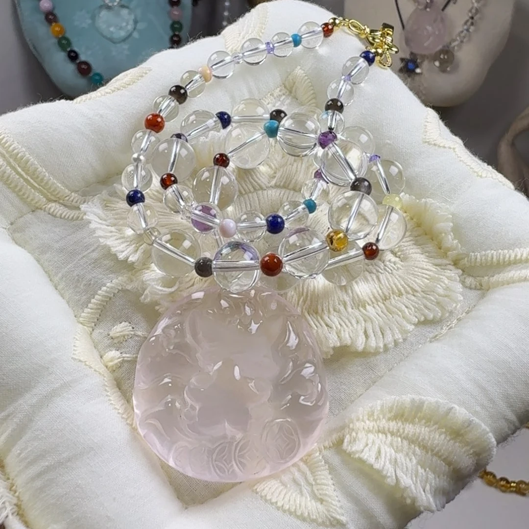 颈饰未镶嵌水晶粉水晶抱星星可爱九尾狐吊坠  尺寸 39×36mm