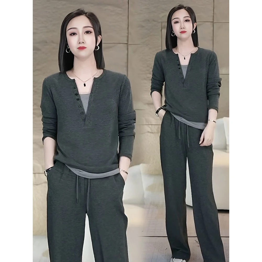 休闲套装女2024春秋新款假两件卫衣韩版宽松百搭阔腿长裤两件套装