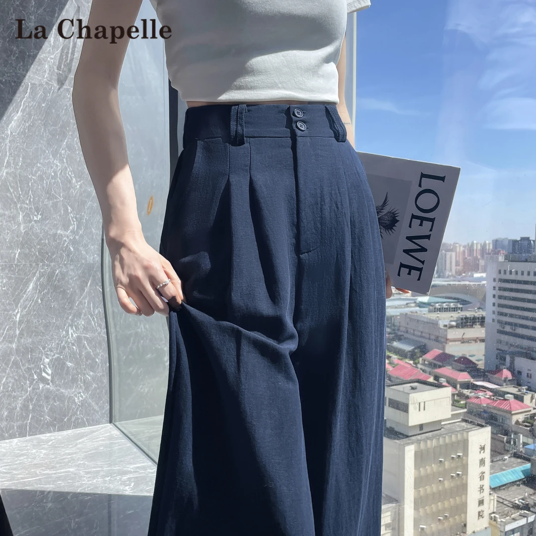 拉夏贝尔天丝亚麻山本裤女夏季薄款2025新款藏青色高腰冰丝阔腿裤