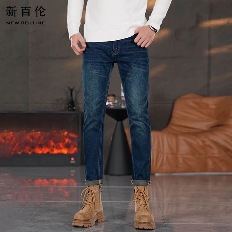 新百伦秋冬经典蓝牛仔裤男士2025时尚轻奢修身休闲直筒微弹长裤潮