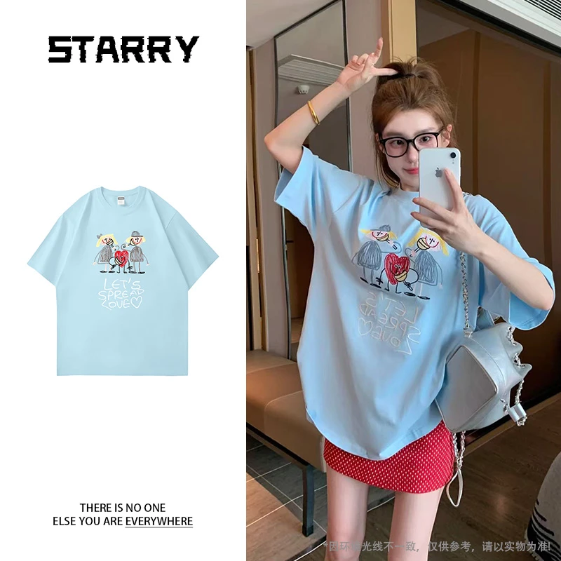 大码【240g 纯棉】夏季港风大落肩T恤男女同款宽松草人印花