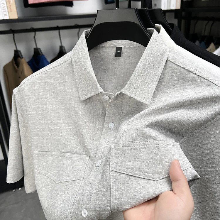 John Bunni高档双口袋短袖衬衫男士夏季纯色休闲衬衣商务寸衫外搭