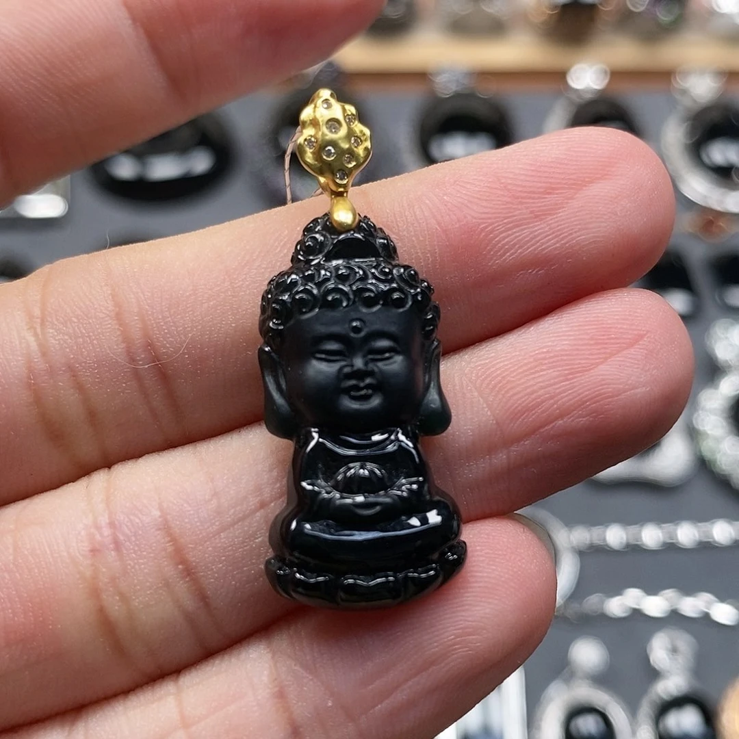 颈饰18K金镶嵌翡翠墨翠宝宝佛