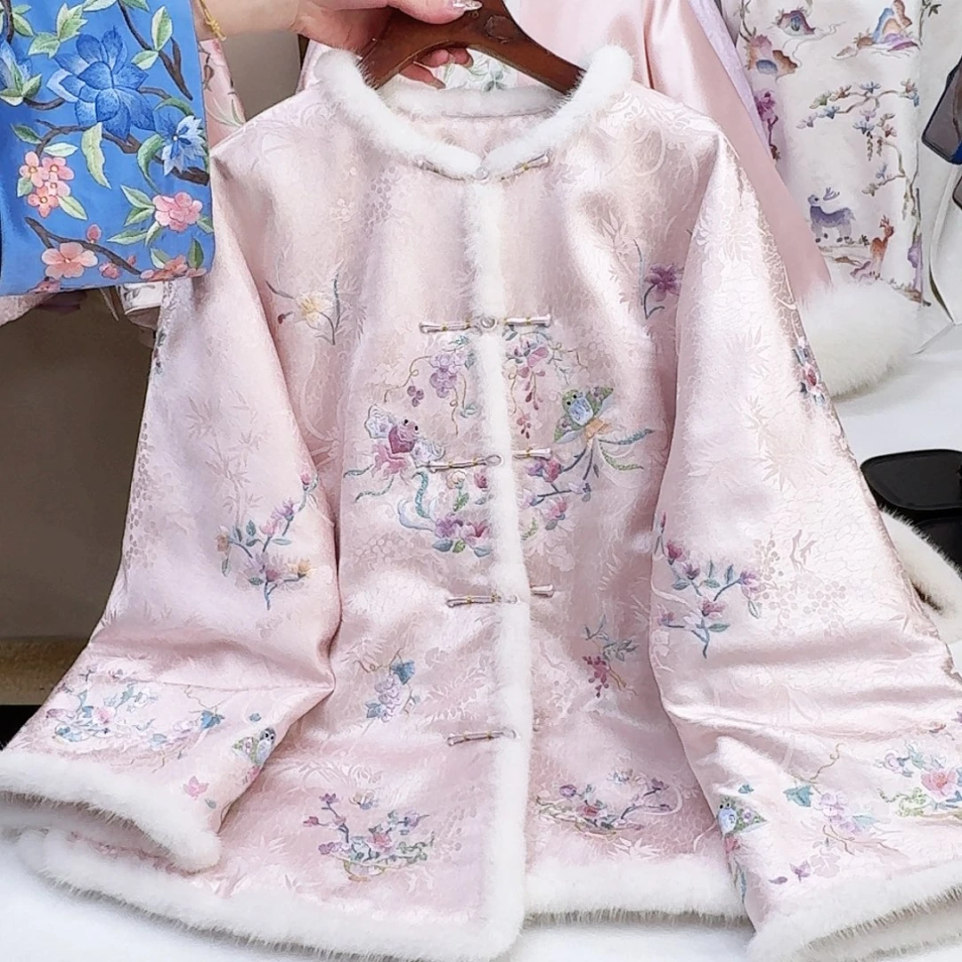 织绣真丝粉色正绢棉服