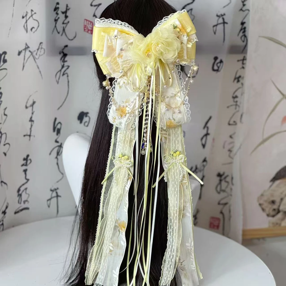 《金合欢》淡黄色花朵蝴蝶结长飘带仙气搭配汉服洛丽塔头饰新款发夹